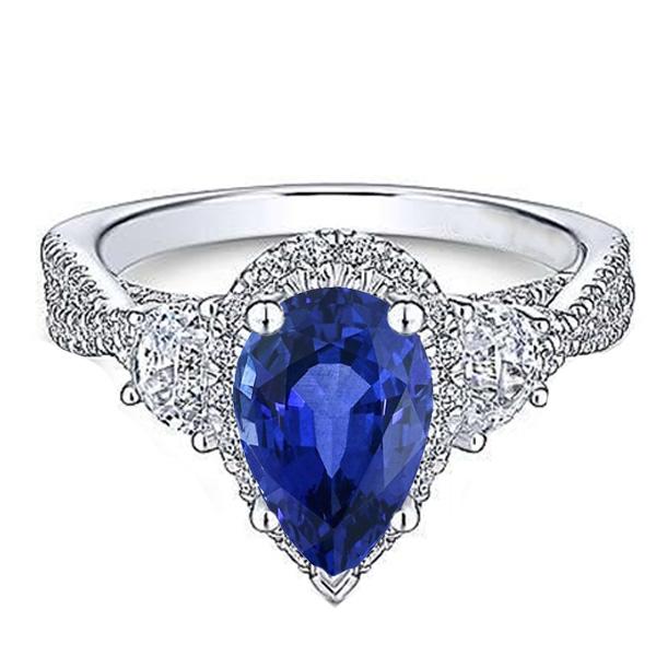 Halo Gemstone Pear Blue Sapphire Ring Twisted Style 4.50 Carats