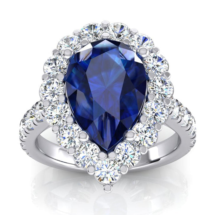 Halo Gemstone Ring Pear Blue Sapphire Gold Womens Jewellery 8 Carats