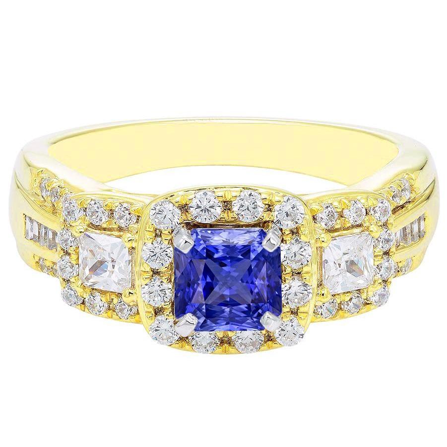 Halo Gemstone Ring Radiant Sapphire 5 Carats 14K Gold Diamonds