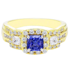 Halo Gemstone Ring Radiant Sapphire 5 Carats 14K Gold Diamonds