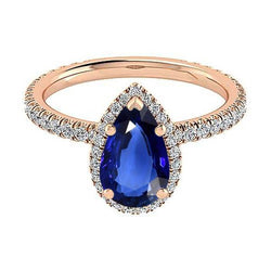 Halo Gold Anniversary Ring Pear Blue Sapphire & Natural Earth Mined Diamonds 5 Carats