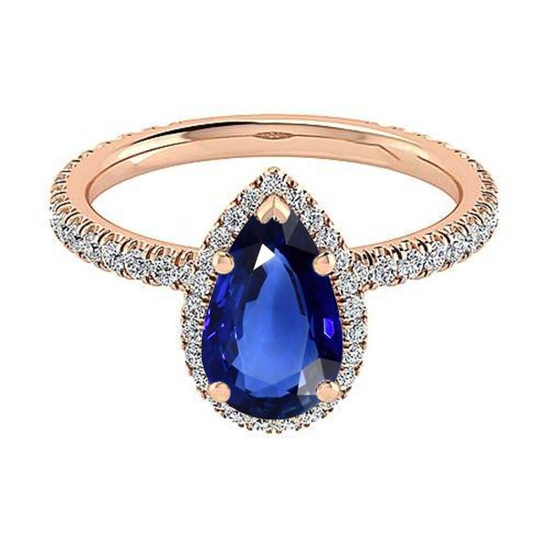 Halo Gold Anniversary Ring Pear Blue Sapphire & Diamonds 5 Carats