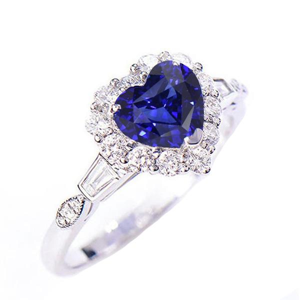 Halo Heart Blue Sapphire Ring With Baguette & Round Diamonds 3 Carats