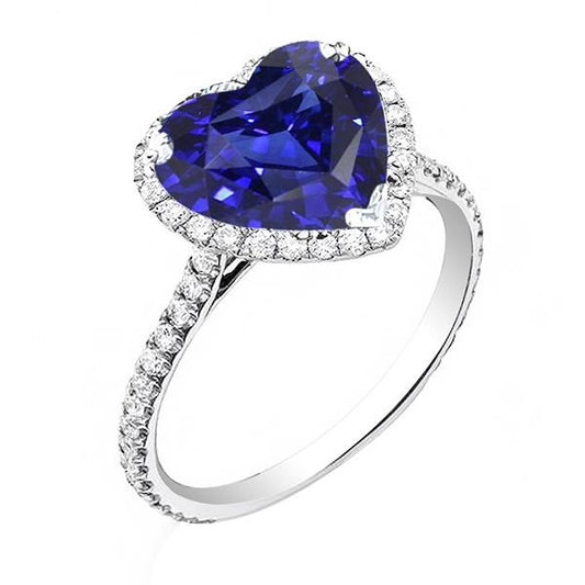 Halo Heart Ceylon Sapphire Engagement Ring 4.50 Carats Diamond Jewelry