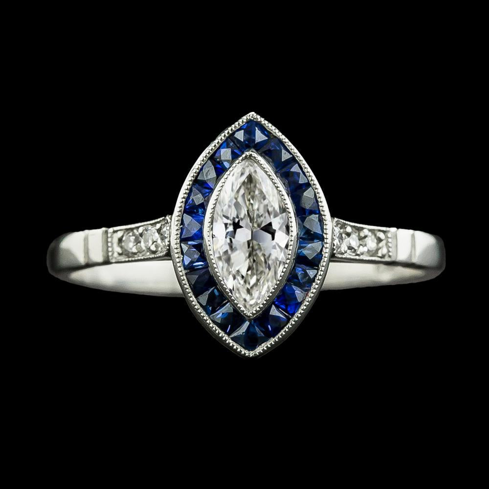 Halo Marquise Old Cut Diamond & Trapezoid Sapphire Ring 3.50 Carats