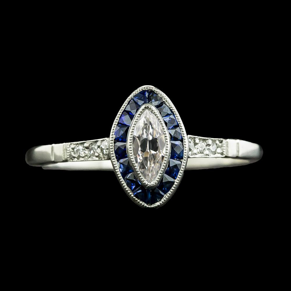 Halo Marquise Old Cut Diamond & Trapezoid Sapphires Ring 3 Carats