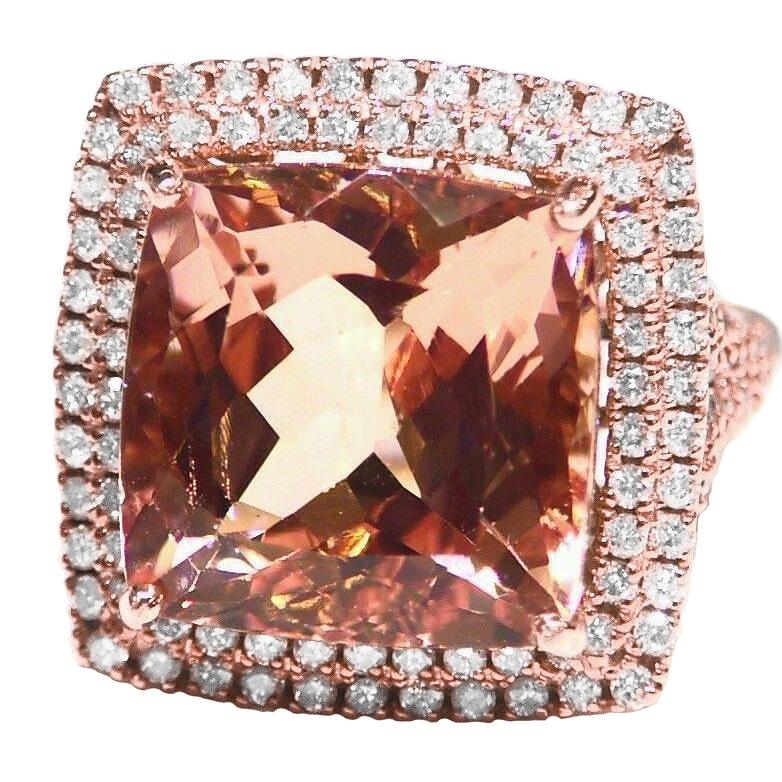 Halo Morganite 12.75 Carats Wedding Ring Prong Set Rose Gold 14K