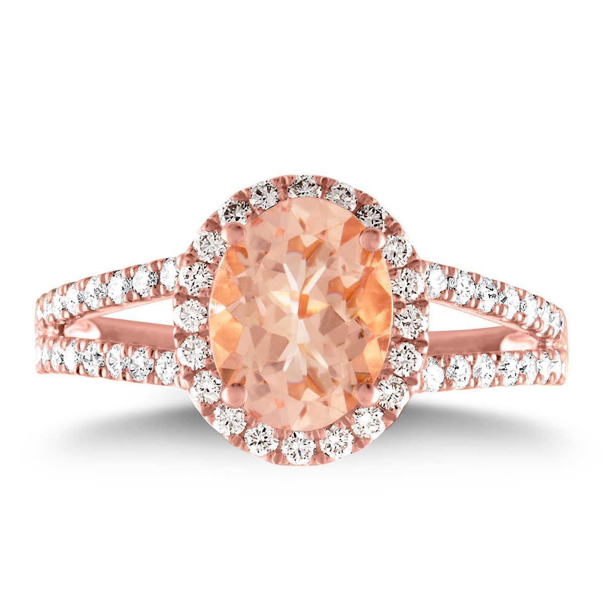 Halo Morganite And Diamonds 21 Ct Ring Rose Gold 14K