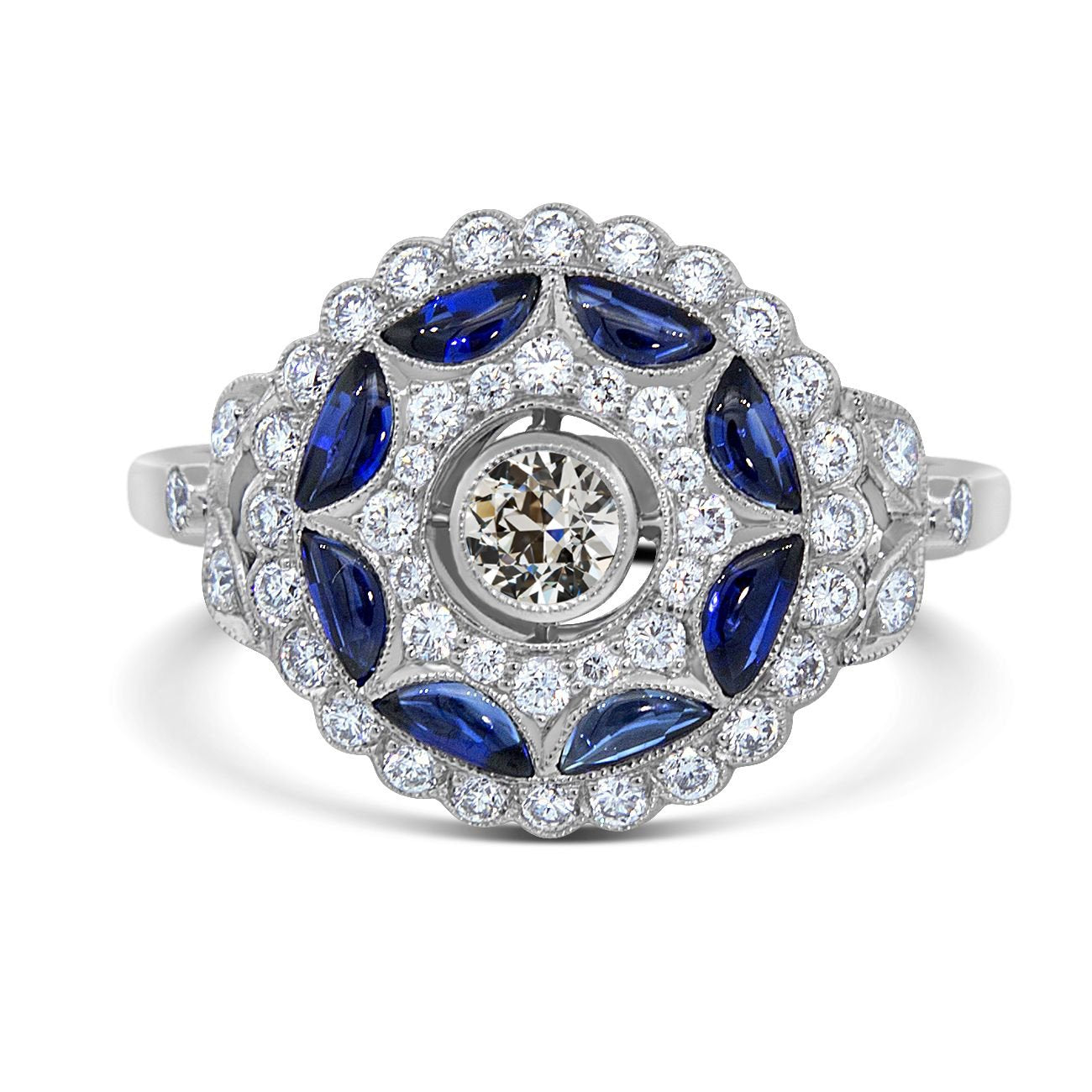 Halo Old Cut Diamond Ring Half Moon Sapphire Flower Style 3 Carats