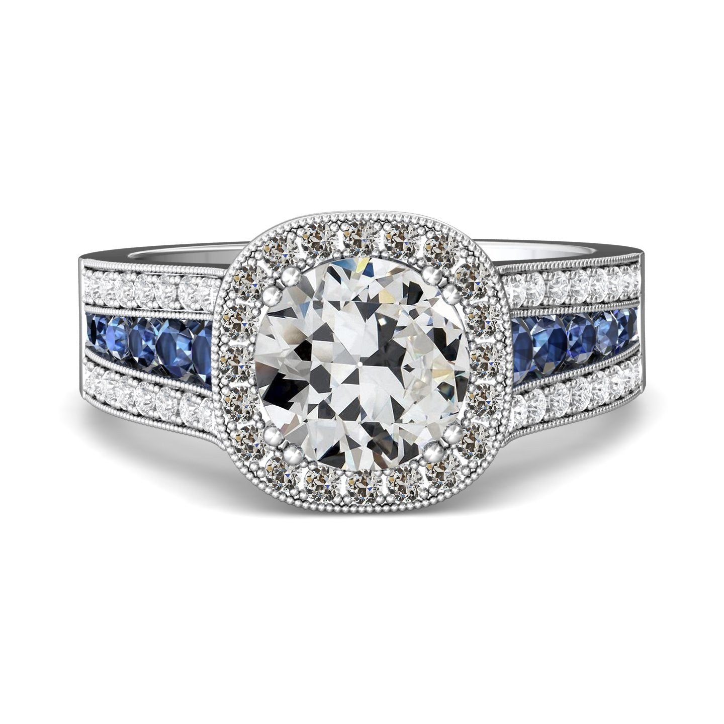 Halo Old Mine Cut Diamond & Blue Sapphires Ring Prong Set 6.50 Carats