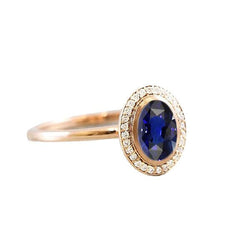 Halo Oval Blue Sapphire Ring & Diamonds 3 Carats Gold