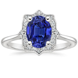 Halo Oval Blue Sapphire Wedding Ring 3.50 Carats Women Natural Earth Mined Diamond Jewellery