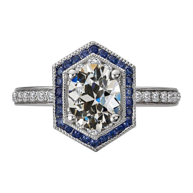 Halo Oval Old Miner Diamond & Round Blue Sapphires Ring 7 Carats