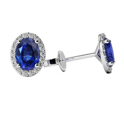 Halo Oval Sapphire With Round Natural Earth Mined Diamonds 4.50 Carats Studs Earrings