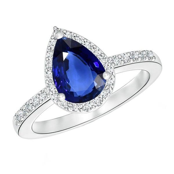 Halo Pear Blue Sapphire Ring & Diamonds 3.25 Carats White Gold 14K