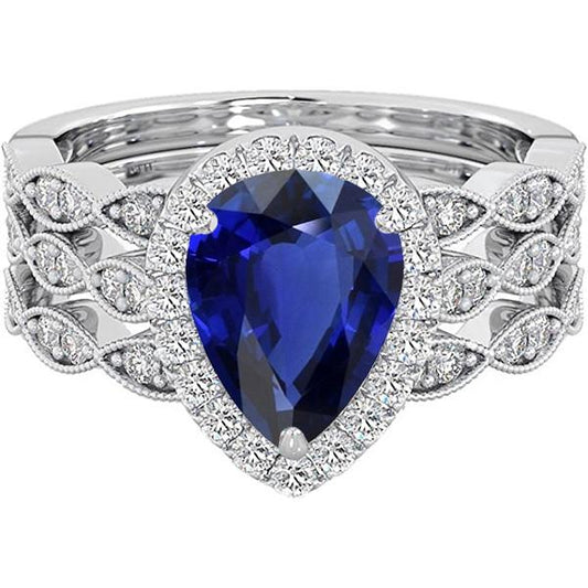 Halo Pear Cut Wedding Ring Set Blue Sapphire Vintage Style 4.50 Carats