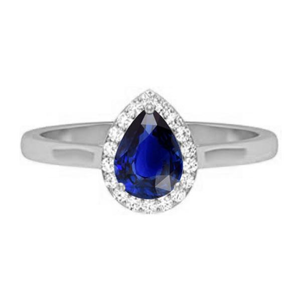 Halo Pear Deep Blue Sapphire Ring White Gold 3 Carats Jewelry