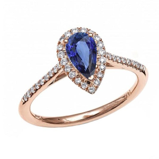 Halo Pear Natural Blue Sapphire Ring 14K Rose Gold 3 Carats Diamonds