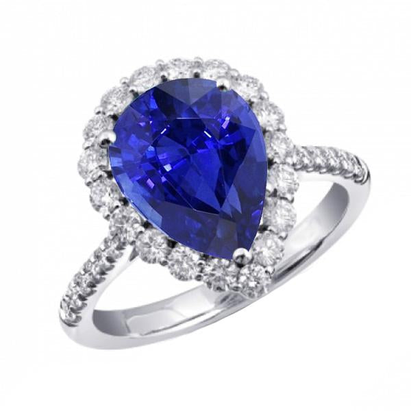 Halo Pear Shaped Blue Sapphire & Round Diamond Ring 5 Carats