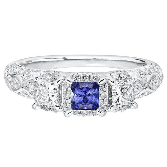 Halo Princess Sapphire Ring Prong Set Milgrain Shank Diamonds 3 Carats