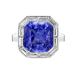 Halo Radiant Blue Sapphire Ring & Baguette Diamonds 3.50 Carats