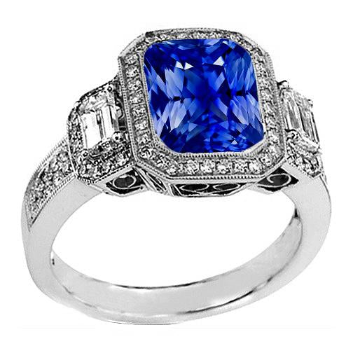 Halo Radiant Sapphire Ring Milgrain Shank Baguette Diamonds 4 Carats