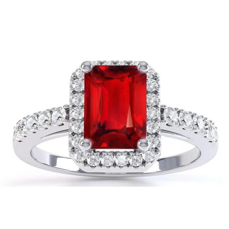 Halo Red Ruby With Diamonds 4.45 Carats Ring White Gold 14K New