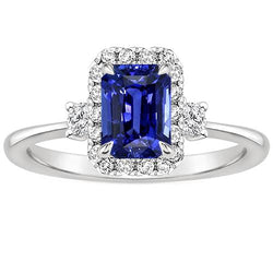 Halo Ring 3 Stones Radiant Blue Sapphire & Natural Earth Mined Diamond 4.50 Carats