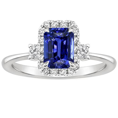 Halo Ring 3 Stones Radiant Blue Sapphire & Diamond 4.50 Carats