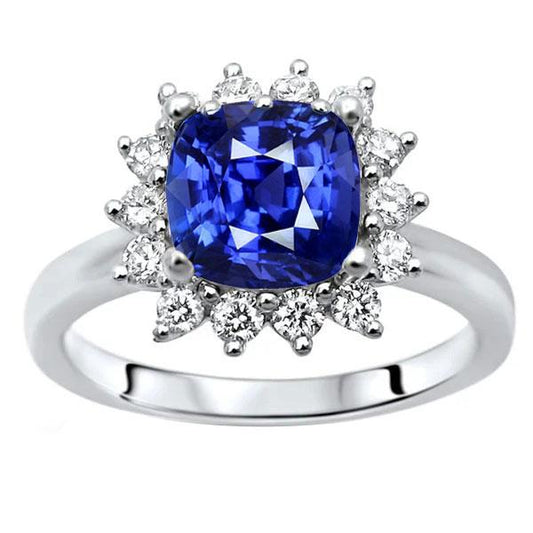 Halo Ring Cushion Sapphire & Round Diamonds Star Style 3.50 Carats