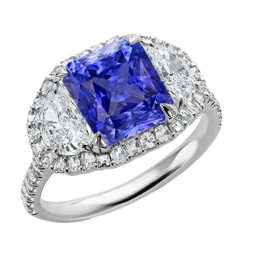 Halo Ring Cushion Sapphire With Half Moon & Round Diamond 4.50 Carats
