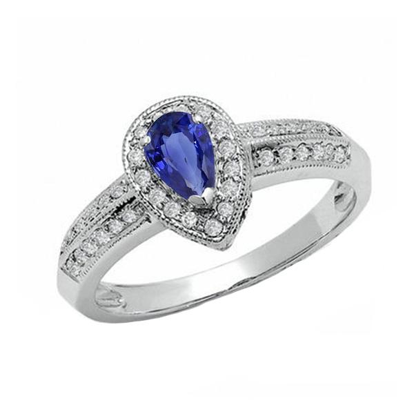 Halo Ring Double Shank Pear Blue Sapphire & Diamonds 2 Carats