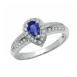 Halo Ring Double Shank Pear Blue Sapphire & Natural Earth Mined Diamonds 2 Carats