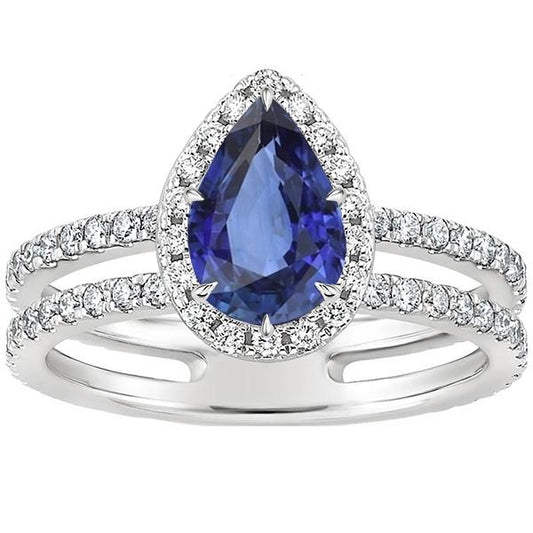 Halo Ring Double Shank Pear Blue Sapphire & Diamonds 4.50 Carats