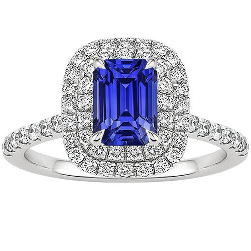 Halo Ring Emerald Blue Sapphire & Diamond 5 Carats White Gold 14K