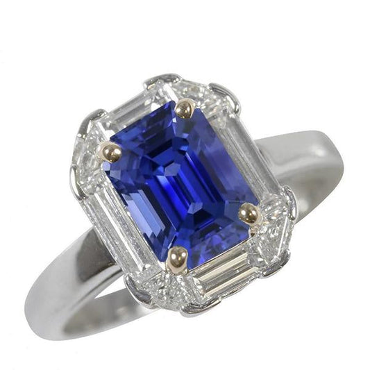 Halo Ring Emerald Blue Sapphire Trillion & Baguette Diamonds 3 Carats