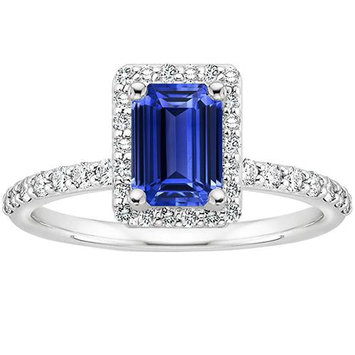 Halo Ring Emerald Ceylon Sapphire & Diamond 4.25 Carats White Gold 14K