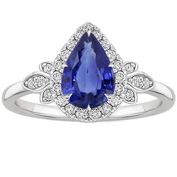 Halo Ring Floral Style Pear Sri Lankan Sapphire & Diamonds 4 Carats