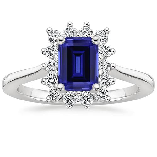 Halo Ring Flower Style Emerald Ceylon Sapphire & Diamond 4.50 Carats