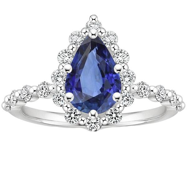 Halo Ring Flower Style Pear Blue Sapphire & Diamonds 5 Carats