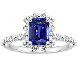 Halo Ring Flower Style Radiant Blue Sapphire & Natural Earth Mined Diamond 4.25 Carats