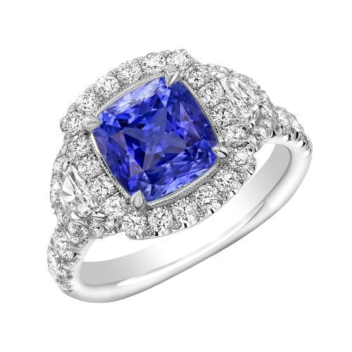 Halo Ring Half Moon & Round Diamond Sapphire Gemstone Jewelry 4 Carats
