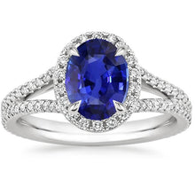 Halo Ring Oval Ceylon Sapphire & Diamonds V Split Shank 4 Carats
