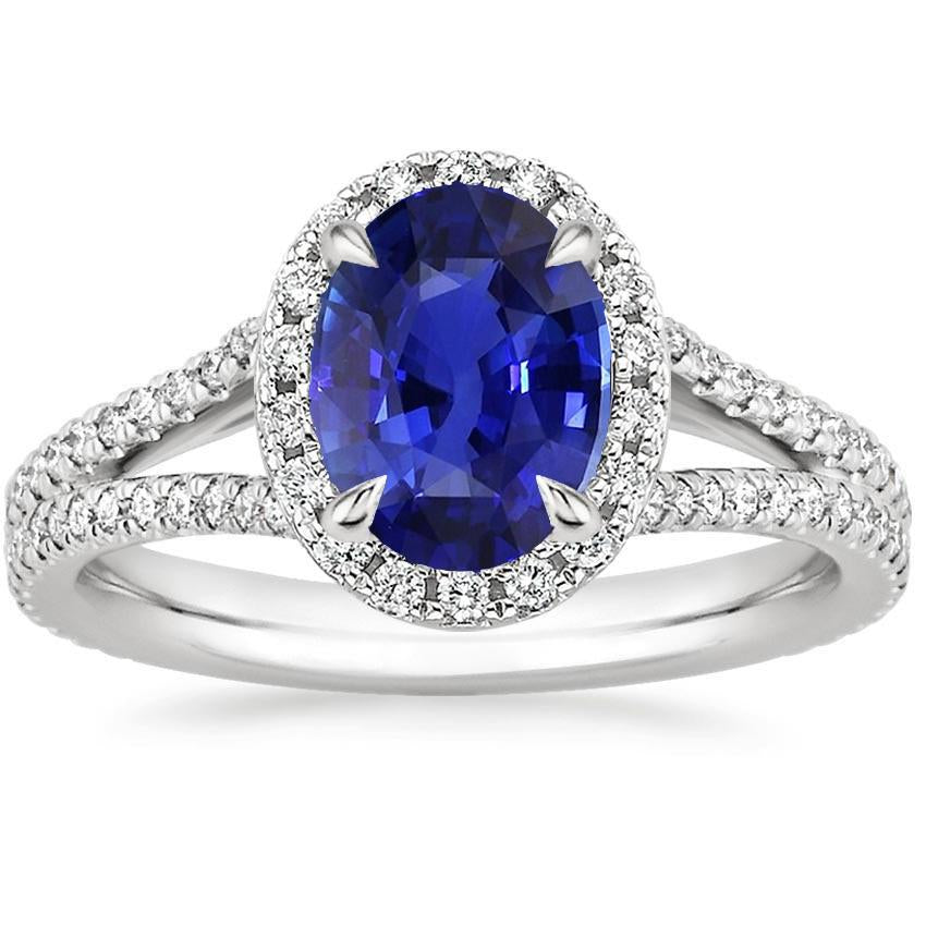 Halo Ring Oval Ceylon Sapphire & Diamonds V Split Shank 4 Carats