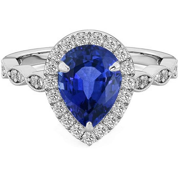 Halo Ring Pear Ceylon Sapphire & Diamonds 5 Carats White Gold 14K