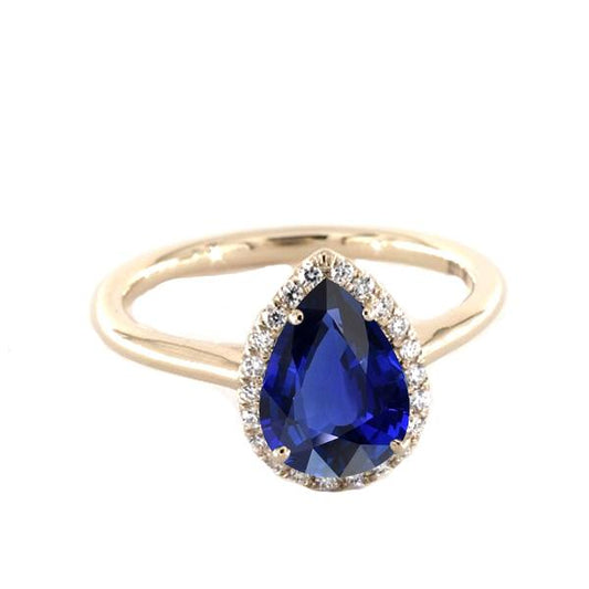 Halo Ring Pear Cut Ceylon Sapphire & Diamonds 3 Carats Prong Set