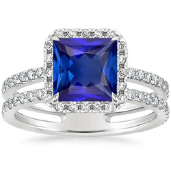 Halo Ring Princess Blue Sapphire With Pave Natural Earth Mined Diamond Accents 6.50 Carats