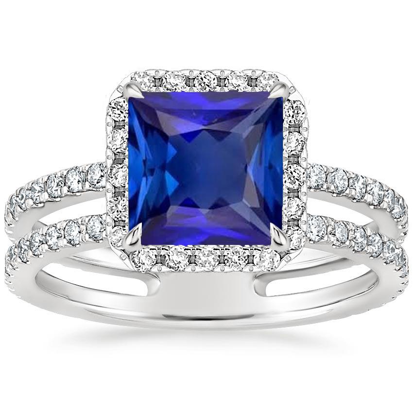 Halo Ring Princess Blue Sapphire With Pave Diamond Accents 6.50 Carats