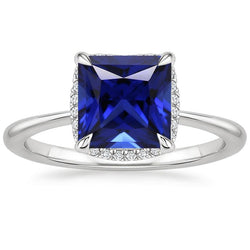 Halo Ring Princess Sri Lankan Sapphire and Natural Earth Mined Diamond 5.25 Carat