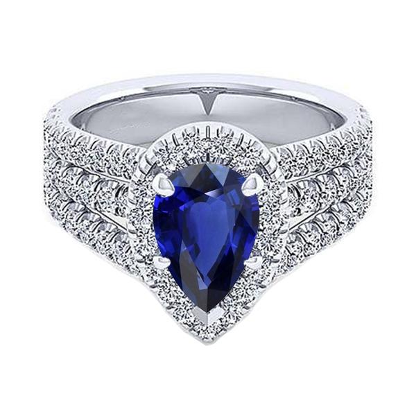 Halo Ring Prong Set Pear Blue Sapphire & Triple Shank Diamond 5 Carats